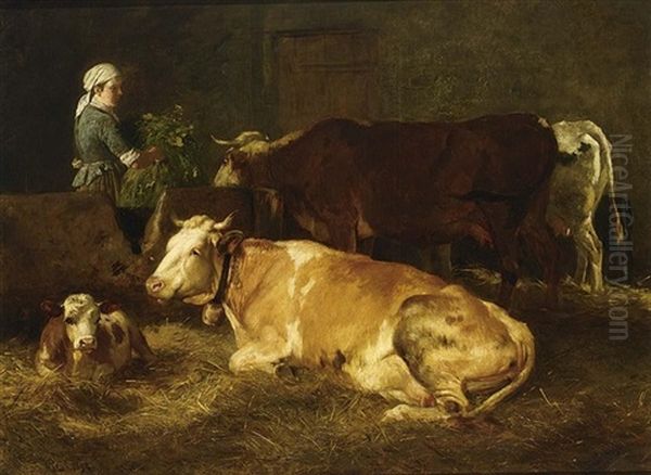 Feeding The Cows Oil Painting by Carl Roux