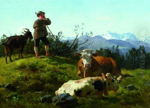 Hirte Mit Kuhen In Einer Gebirgslandschaft by Karl Roux