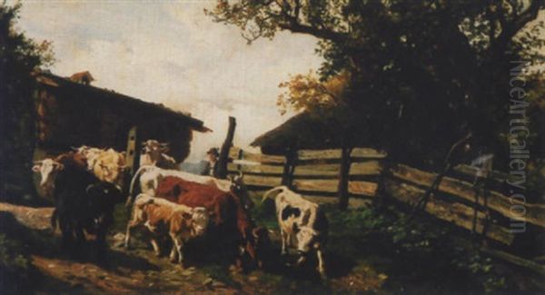 Bauernhof Mit Kuhherde Und Hirte Oil Painting by Karl Roux