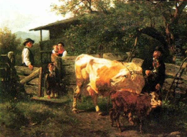 Selling The Cow Oil Painting by Karl Roux