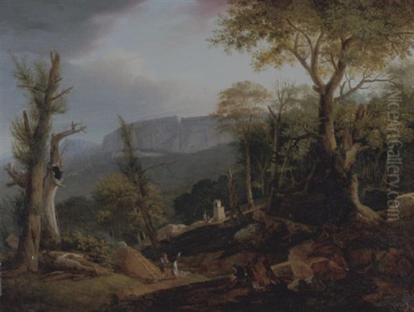 An Extensive Mountainous Landscape With An Artist Sketching On A Hillside With Charcoal Burners And Travellers At A Shrine Beyond Oil Painting by Polydore Roux