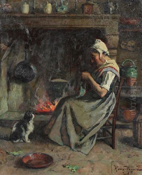 Comtadine Devant L'atre Avec Son Chat Oil Painting by Antonin Marius Auguste Roux-Renard