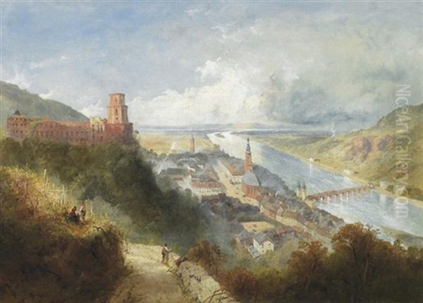 Heidelberg. Blick Vom Nordhang Des Konigstuhls Auf Die Schlosruine Und Die Stadt Am Neckar Mit Heiliggeistkirche Und Der Alten Brucke Oil Painting by Thomas Charles Leeson Rowbotham