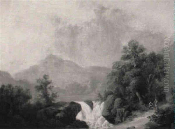 Figures On A Path Beside A Waterfall Oil Painting by Thomas Charles Leeson Rowbotham