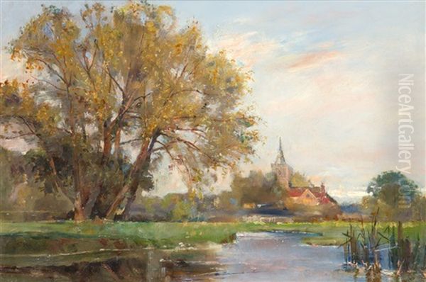 Englische Flusslandschaft Mit Dorfkirche Oil Painting by Sidney Grant Rowe