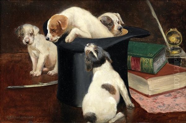 Puppies Playing In A Top Hat Oil Painting by George Derville Rowlandson