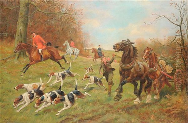 A Hunt In The Foreground, With A Boy Running Beside A Runaway Horse And Timber Wagon Oil Painting by George Derville Rowlandson