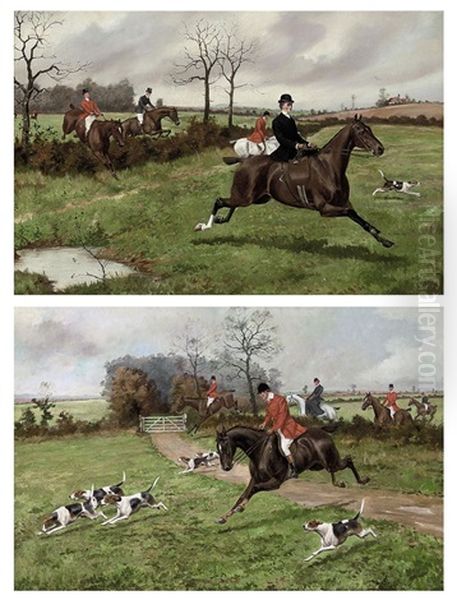 On The Scent (+ Clearing The Hedge; Pair) Oil Painting by George Derville Rowlandson