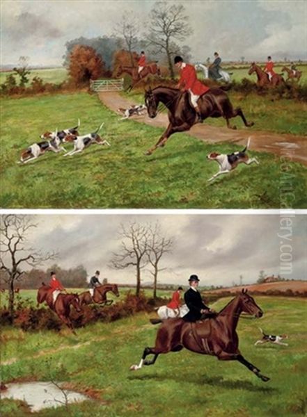 On The Scent (+ Clearing The Hedge; Pair) Oil Painting by George Derville Rowlandson