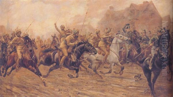 The Charge Of The Bengal Lancers At Neuve Chapelle, September 1914 Oil Painting by George Derville Rowlandson