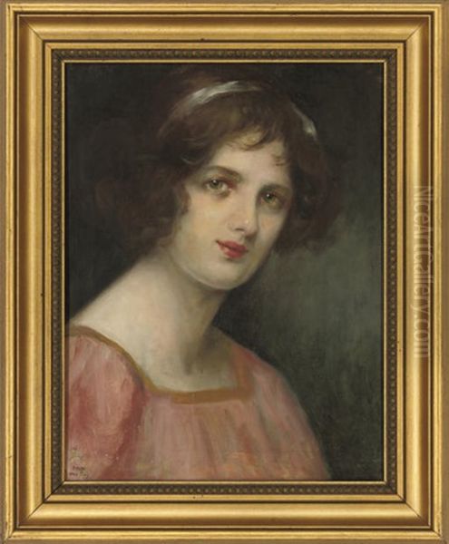 Portrait Of A Girl In A Pink Dress Oil Painting by Dolf van Roy