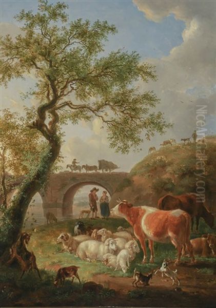 Landscape With Aqueduct, Farm Animals And Shepherds Oil Painting by Jean-Baptiste De Roy