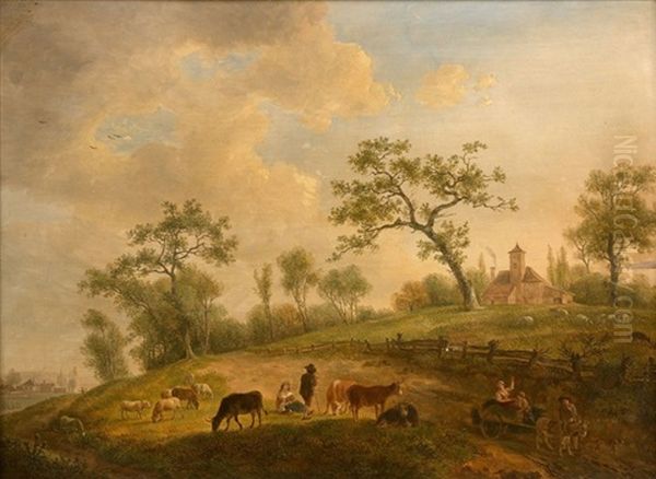 Paysage De Campagne Avec Villageois Et Leurs Animaux Sur La Colline Oil Painting by Jean-Baptiste De Roy