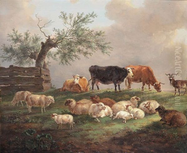 Koeien, Bok En Schapen In De Wei Oil Painting by Jean-Baptiste De Roy