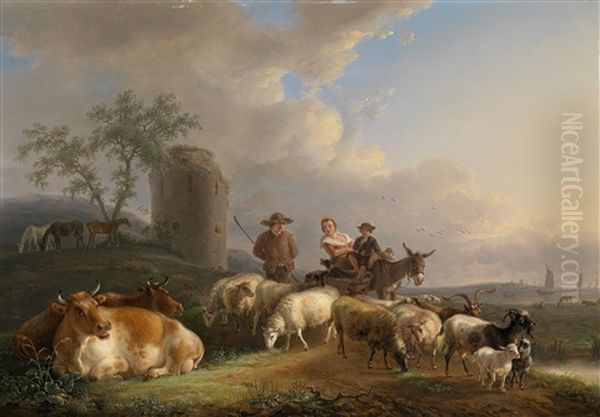 Hirten Und Herde Vor Weiter Seelandschaft Oil Painting by Jean-Baptiste De Roy