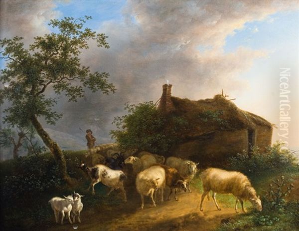 Berger Et Son Troupeau De Moutons Oil Painting by Jean-Baptiste De Roy