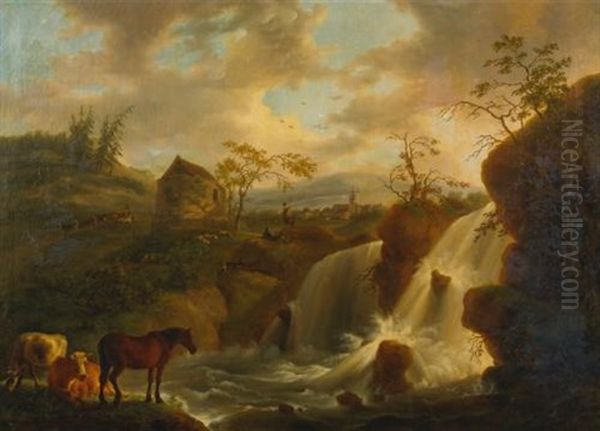 A Horse And Cows By A Rushing River Oil Painting by Jean-Baptiste De Roy