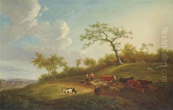 A Landscape With Drovers And Their Herd On A Track, A Village Beyond Oil Painting by Jean-Baptiste De Roy