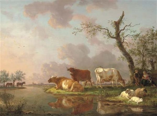 Cows And Sheep On The Banks Of A River, A Shepherdess And Boy Nearby Oil Painting by Jean-Baptiste De Roy