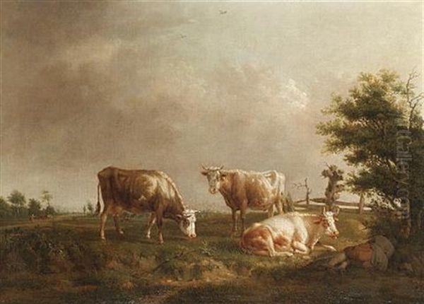 Cows Grazing, A Drover Asleep Beneath A Tree Nearby Oil Painting by Jean-Baptiste De Roy