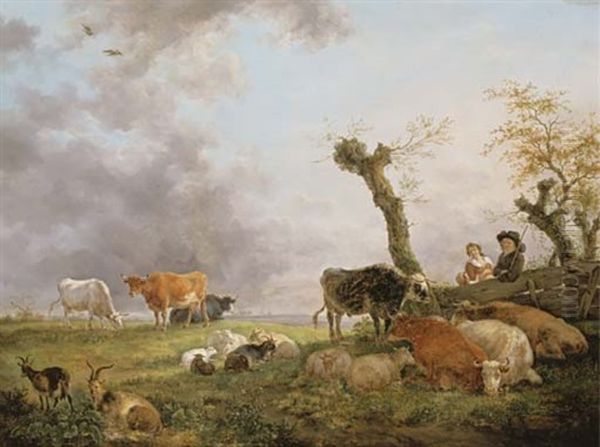 Landscape With Sheep, Cows, And Herdsmen Oil Painting by Jean-Baptiste De Roy