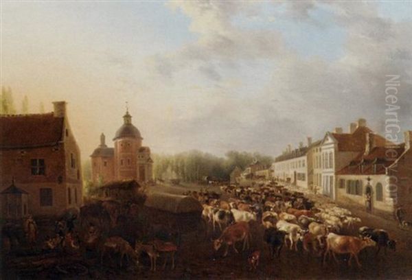 Village Landscape With Herdsmen Driving Cattle And Sheep To Market At Dawn Oil Painting by Jean-Baptiste De Roy