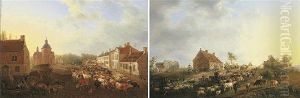 Village Landscape With Herdsmen Driving Cattle And Sheep To Market At Dawn Oil Painting by Jean-Baptiste De Roy