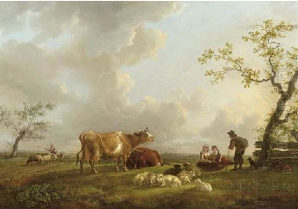 A Landscape With Shepherds By A Tree, Cattle And Sheep Nearby Oil Painting by Jean-Baptiste De Roy