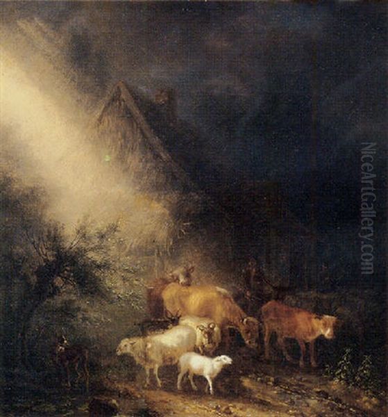 A Cowherd Fording Goats And Sheep On A Track By A Farm At Night Oil Painting by Jean-Baptiste De Roy