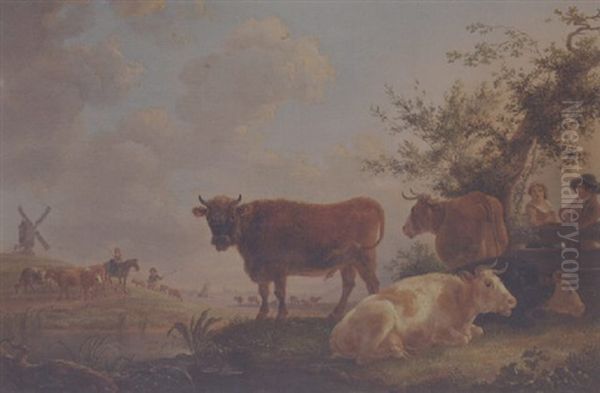 Cattle And Drovers In An Extensive Landscape Oil Painting by Jean-Baptiste De Roy