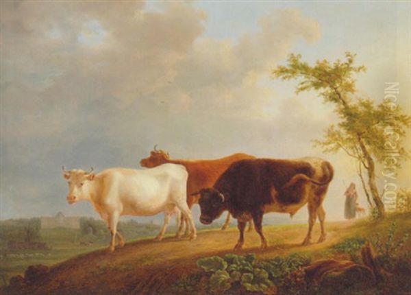 A Drover With Cattle On A Track, The Palace Of Larckeaw Beyond Oil Painting by Jean-Baptiste De Roy