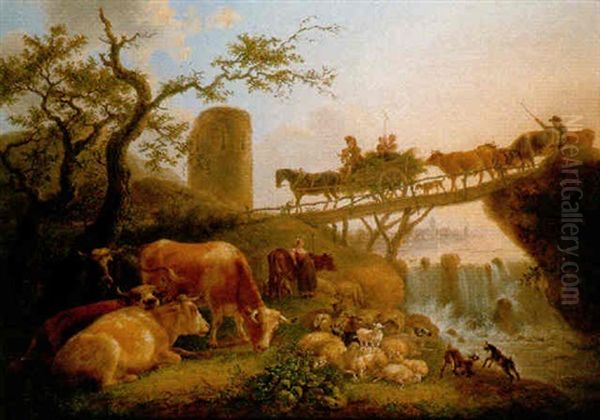 A Cowherd And Cattle Near A Waterfall, A Peasant Family On A Haycart And A Shepherd Crossing A Bridge Nearby, A Town In The Distance Oil Painting by Jean-Baptiste De Roy