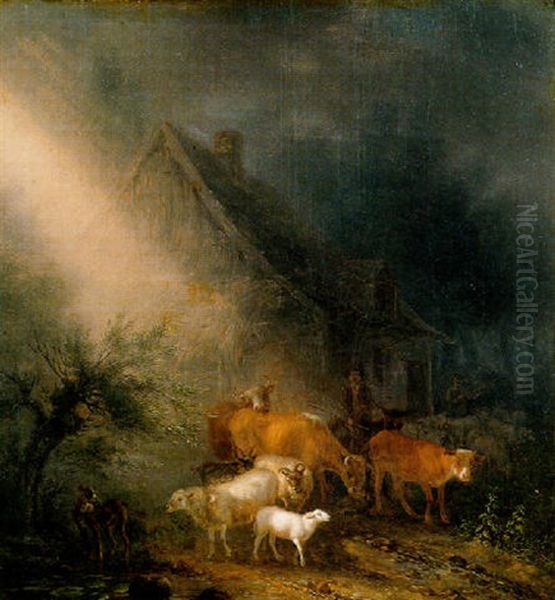 A Cowherd Fording Goats And Sheep On A Track By A Farm At Night Oil Painting by Jean-Baptiste De Roy