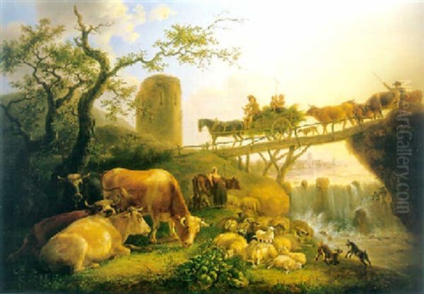 A Cowherd And Cattle Near A Waterfall, A Peasant Family On A Haycart And A Shepherd Crossing A Bridge Nearby Oil Painting by Jean-Baptiste De Roy