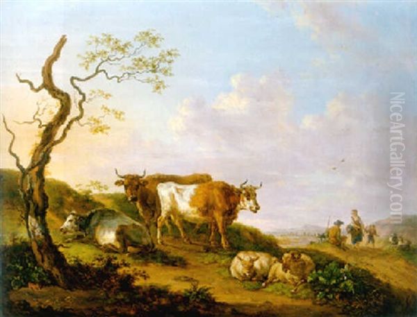 Cows And Sheep By A Broken Tree On The Verge Of A Road, A Shepherd Family Beyond Oil Painting by Jean-Baptiste De Roy