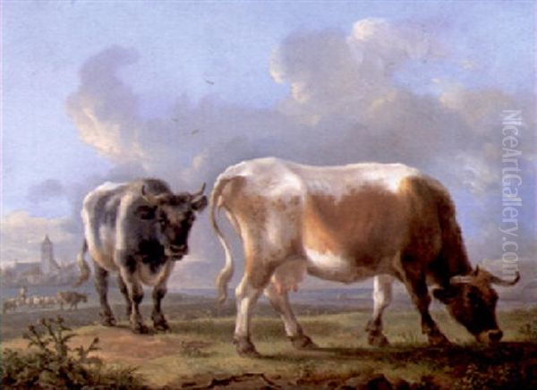 Cattle In A Landscape Before A Village Oil Painting by Jean-Baptiste De Roy