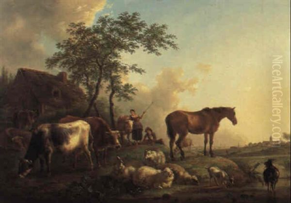 Kuhe, Schafe Und Ein Pferd Auf Einer Begrunten Anhohe Oil Painting by Jean-Baptiste De Roy