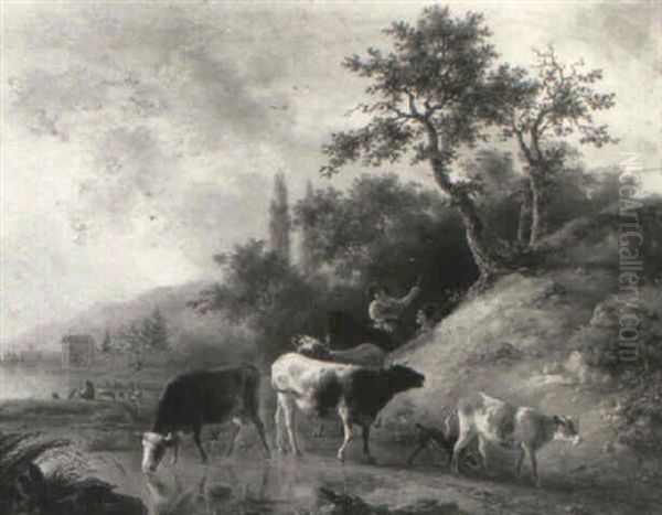 River Landscape With Drovers And Cattle On A Track At Sunset Oil Painting by Jean-Baptiste De Roy