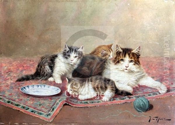 Cat And Kittens On A Rug Oil Painting by Joseph Anne Jules le Roy