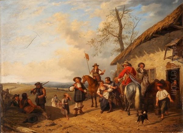 Reitergesellschaft Vor Einem Bauernhof Oil Painting by Joseph Anne Jules le Roy