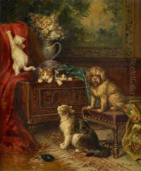 Jeux De Chats Et Chien Oil Painting by Joseph Anne Jules le Roy