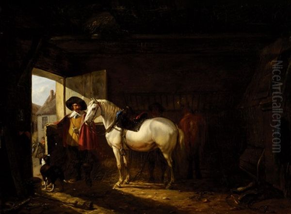 Stable-interior Oil Painting by Joseph Anne Jules le Roy