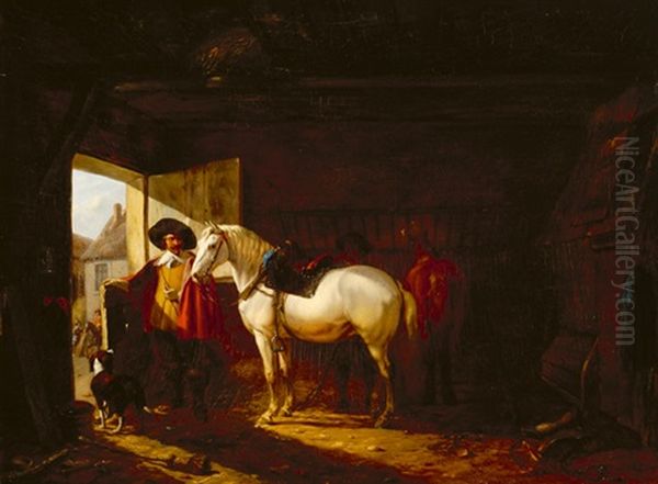 Stable Interior Oil Painting by Joseph Anne Jules le Roy