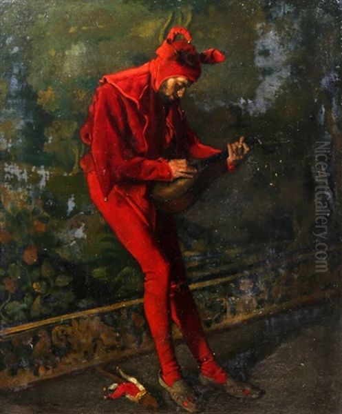 Le Fou Du Roi, Accordant Sa Mandoline, Appuye Contre Une Tapisserie Dans Un Interieur Oil Painting by Ferdinand Victor Leon Roybet