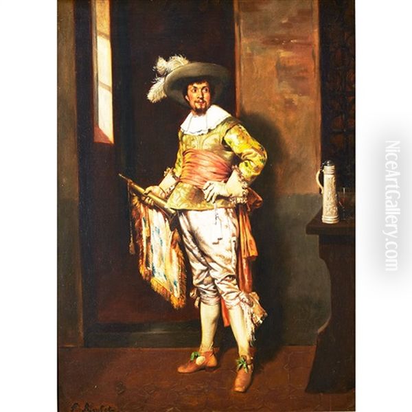 Cavalier With Plummed Hat In An Interior Oil Painting by Ferdinand Victor Leon Roybet