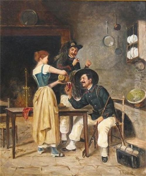 Soldiers And A Barmaid In A Tavern Oil Painting by Ferdinand Victor Leon Roybet