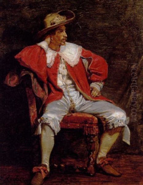 Musketer I Hvide Knaebukser Og Rod Jakke Med Blondekrave Oil Painting by Ferdinand Victor Leon Roybet