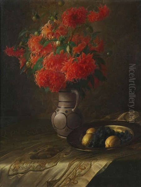 Dahlias, Plat En Cuivre Avec Citrons Et Raisins Oil Painting by Josef van de Roye