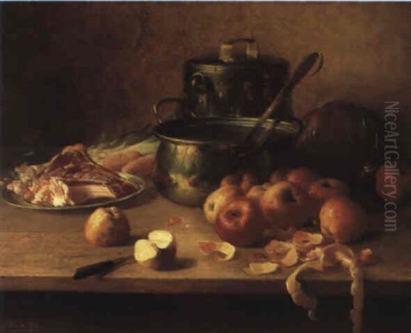 Nature Morte A La Bouilloire Et Aux Pommes Oil Painting by Josef van de Roye