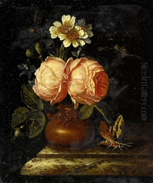 Roses In An Earthenware Vase On A Marble Ledge Oil Painting by Willem Frederik van Royen